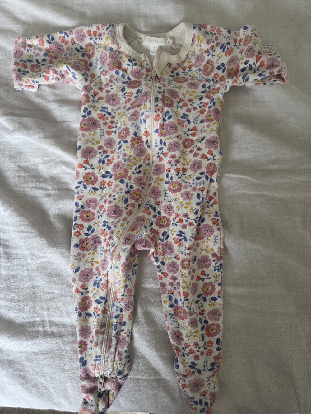 Purebaby Organic Cotton Floral Zip Growsuit Romper 3-6M Like New